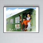 Affiche vintage "Bon voyage, bonne neige" avec skieurs et train.