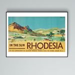Affiche vintage Rhodesia, paysage ensoleillé avec montagnes et savane.
