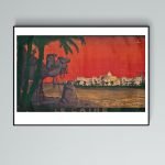 Affiche vintage du Caire avec pyramides et désert au coucher du soleil.