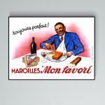 Affiche vintage de fromage Maroilles avec un homme souriant dégustant un morceau.