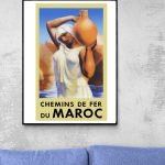 Affiche vintage de propagande militaire marocaine, illustrant un personnage féminin portant un vase,.