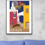 Affiche vintage de la fête en Espagne avec feux d'artifice.