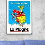 Affiche vintage La Plagne avec un personnage souriant et ski, style rétro.