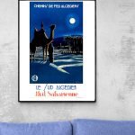 Affiche vintage évoquant une nuit dans le Sahara algérien avec un chameau sous la lune.