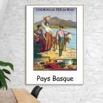 Affiche vintage du Pays Basque avec scènes traditionnelles et paysages emblématiques.
