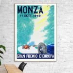 Affiche vintage du Grand Prix d'Europe à Monza en 1949, illustrant la course automobile historique.