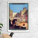 Affiche vintage de Moulay Idriss, ville sainte de Djebel Zehroun, avec marché traditionnel et archit.