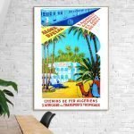 Affiche vintage de chemins de fer algériens avec train et palmiers.