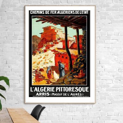 Affiche vintage de l'Algérie pittoresque avec vue sur Arris, mettant en valeur les chemins de fer hi.