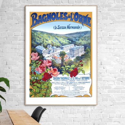 Affiche vintage de Bagnoles de l'Orne, station thermale en Normandie, avec fleurs colorées et paysag.