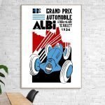 Affiche vintage du Grand Prix automobile d'Albi 1936, illustrant une voiture de course ancienne.