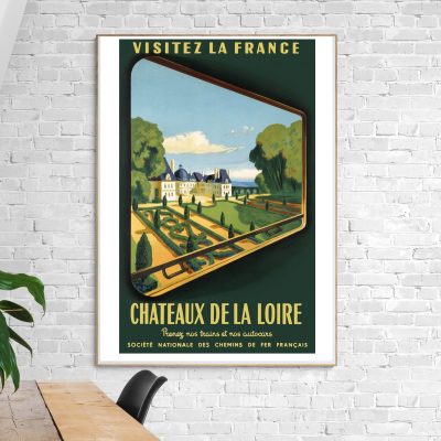 Affiche vintage du Mont Blanc, vue artistique d’un château dans la vallée.