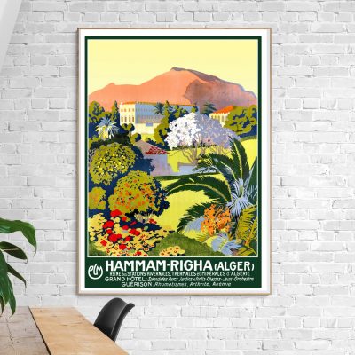 Affiche vintage de Hammam Righa à Alger, avec paysages colorés et nature luxuriante.