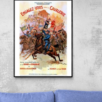 Affiche vintage sur l'engagement dans la cavalerie française. Illustration historique avec soldats e.