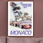 Affiche vintage du Grand Prix de Monaco 1971, course de Formule 1 emblématique, avec voitures de cou.