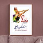 Affiche vintage du spectacle Lido à Paris, illustrant une danseuse en costume coloré et dynamique.