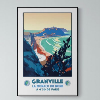 Affiche vintage de Granville, station balnéaire en Normandie, avec vue sur la plage et la mer.