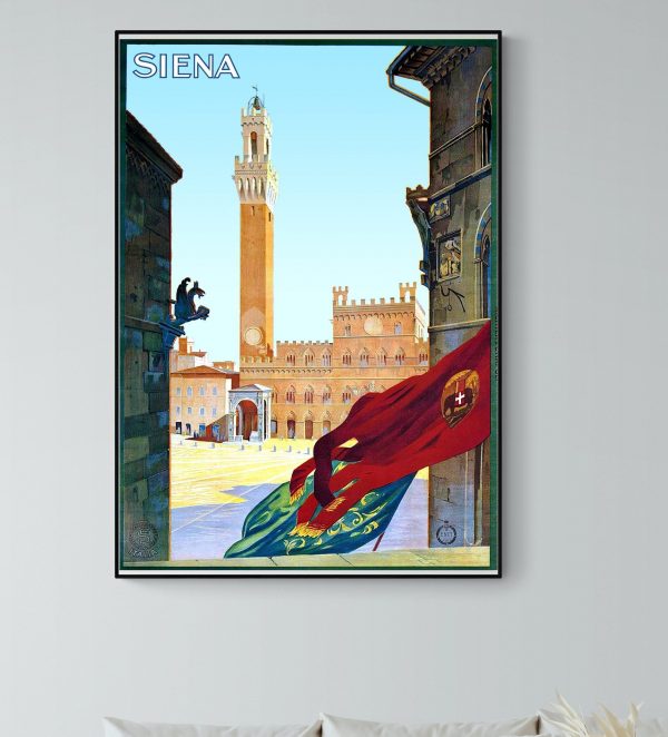 Affiche vintage de Sienne, Italie, mettant en valeur la célèbre Torre del Mangia et la place histori.