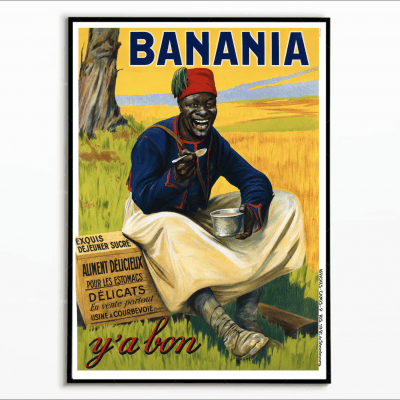 Publicité vintage Banania avec un homme souriant en tenue traditionnelle.