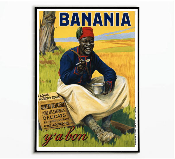 Publicité vintage Banania avec un homme souriant en tenue traditionnelle.