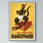 Affiche vintage de kangourou avec slip masculin, style rétro, décoration murale originale.