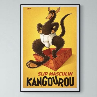 Affiche vintage de kangourou avec slip masculin, style rétro, décoration murale originale.