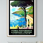 Affiche vintage représentant le littoral méditerranéen de Marseille à Menton, avec vue sur la mer, l.