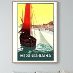 Affiche vintage représentant un bateau à voile à Mers-les-Bains, ambiance maritime et vacances.