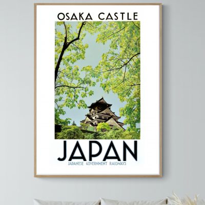 Affiche vintage du Château d'Osaka, illustration rétro pour décoration murale.