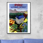 Affiche vintage représentant le Mont Saint Michel avec activités sportives et excursions.