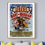 Affiche vintage pour les fêtes au Mont Saint Michel, avec taureaux et animaux de course.