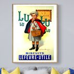 Affiche vintage de biscuits Lefevre-Utile, publicité rétro avec enfant en costume traditionnel.