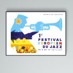 Affiche vintage pour le Festival Européen du Jazz, mettant en avant la région méditerranéenne.