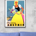 Affiche vintage charmante de l'Autriche avec une femme en costume traditionnel.