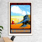 Affiche vintage de la côte belge avec ciel bleu, plages et bobsleigh. Parfait pour décoration rétro.