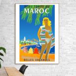 Affiche vintage représentant la côte méditerranéenne de Marseille à Menton, avec plage, mer et solei.