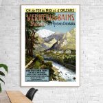 Affiche vintage Vernet Les Bains, village des Pyrénées-Orientales, paysage montagneux et thermal.