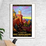 Affiche vintage du Château Haut-Koenigsbourg en Alsace, avec vue panoramique et couleurs vives.
