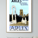 Affiche vintage représentant Arles, mettant en valeur ses monuments, musées et sites historiques cél.