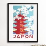 Affiche vintage du Japon avec pagode et cerisiers en fleurs, style rétro.