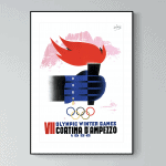 Affiche vintage des Jeux Olympiques d'hiver 1960 à Cortina d'Ampezzo, Italie, avec flamme olympique.