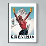 Affiche vintage Cervinia avec montagne et skieuse en hiver, évoquant la station de ski italienne Cer.
