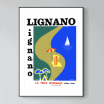 Affiche vintage de Lignano, Italie, représentant la plage de La Vera avec parasol, sable et mer bleu.