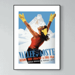 Affiche vintage représentant une femme en montagne avec des gants jaunes, évoquant la région de Vall.