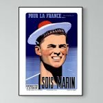 Affiche vintage de l'armée de mer française avec un marin en costume traditionnel.
