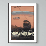 Affiche vintage de la ligne ferroviaire électrique Stresa-Mottarone en Italie.