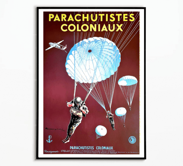Parachutistes coloniaux vintage affiche de propagande militaire.