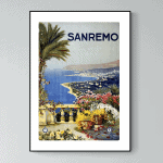 Affiche vintage de Sanremo, paysage côtier avec fleurs et vue sur la mer en Italie.