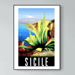 Affiche vintage de Sicile avec paysage côtier et végétation luxuriante.