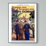 Affiche vintage de l'armée de mer française, illustrant des soldats en uniforme colonial.